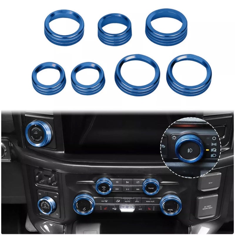AuTK for Ford F150 2021 2022 2023 Knob Air Conditioner Switch & Trailer & 4WD & VOL & Headlight Button Ring Trim, Blue Aluminum, 7pcs - Image 2